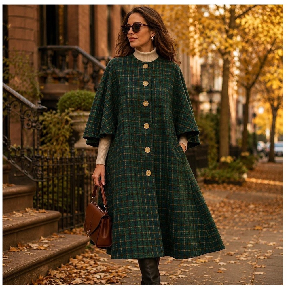 1930s Green Plaid Wool Swing Cape Coat Handmade Dressmaker Original Buttons